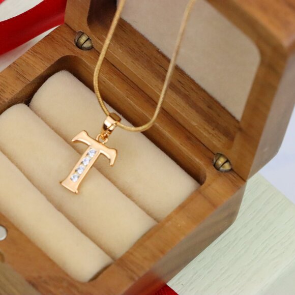 "Rose Gold Initial T Pendant with Crystals – Elegant Brass Jewelry, XPPT1369 - Picture 4 of 13